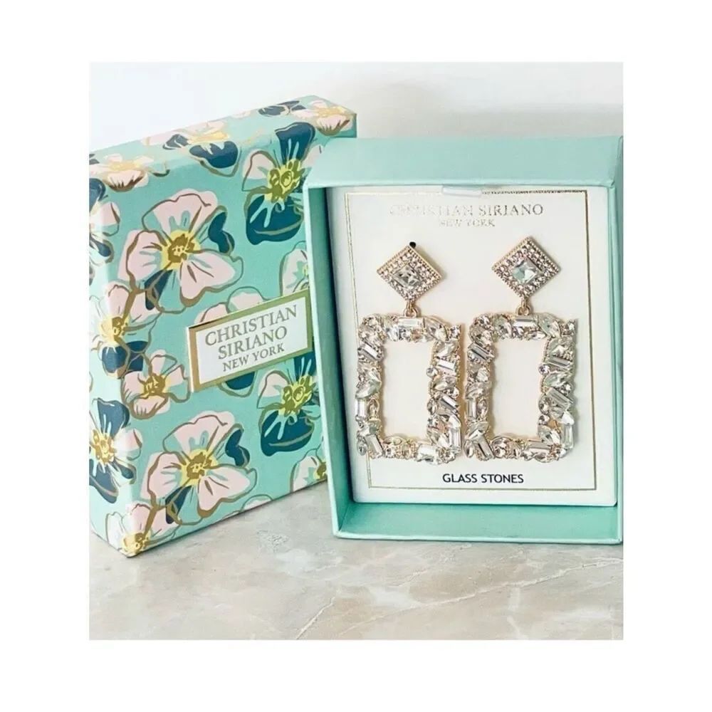NWT Christian Siriano Gold Square Sparkly Crystal Rhinestone Chandelier Earrings